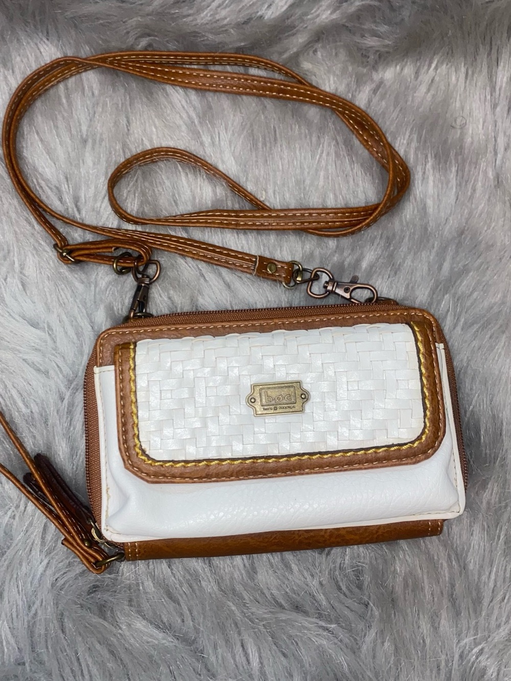White and Tan Women’s Crossbody Wallet - Fashion Wristlet Brand is B.O.C